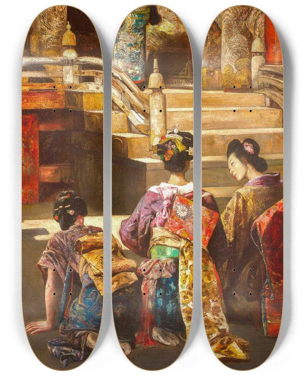 Triptych art skateboard deck of Gyula Tornai A Japanese Princess Going To Church by Gyula Tornai (1861-1928)