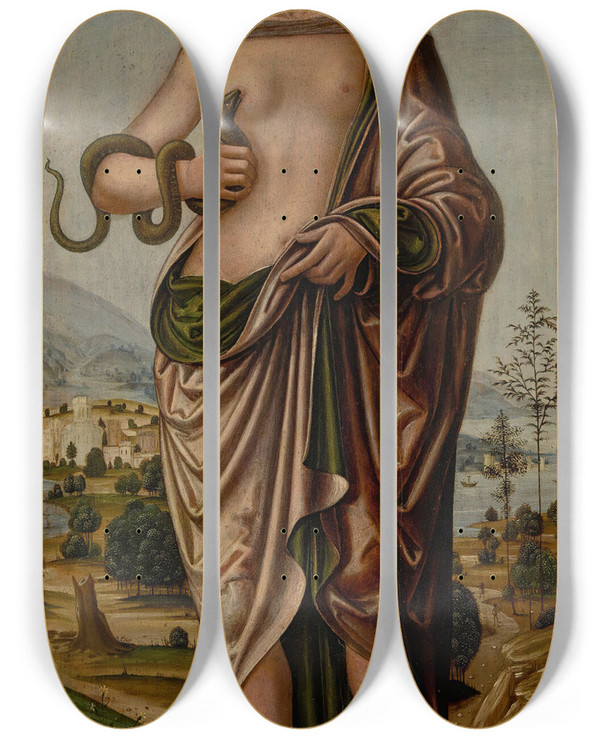 Triptych art skateboard deck of Girolamo Di Benvenuto Cleopatra And The Asp by Girolamo Di Benvenuto (1470-1524)