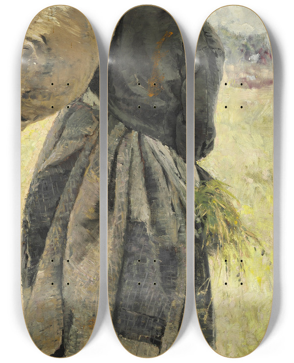 Triptych art skateboard deck of Bertha Wegmann Kvinde Med Kartoffelsk Couen Frankrig by Bertha Wegmann (1847-1926)