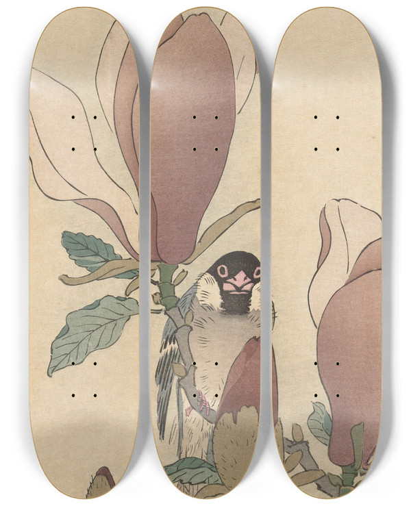 Triptych art skateboard deck of Ohara Koson Sparrow On Blooming Magnolia Branch by Ohara Koson (1877-1945)