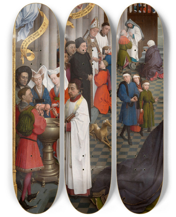 Triptych art skateboard deck of Rogier Van Der Weyden Baptism Confirmation And Confession by Rogier van der Weyden (1399-1464)