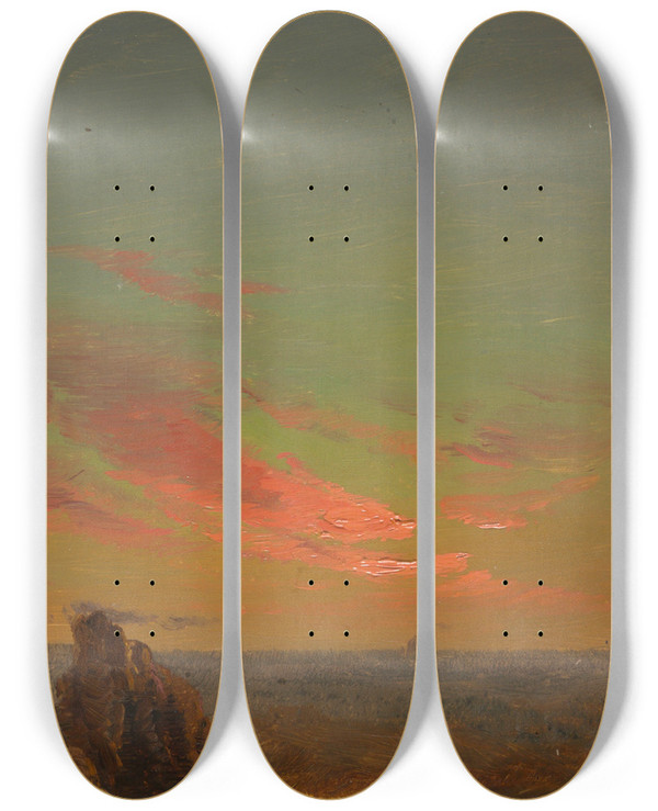 Triptych art skateboard deck of Frederic Edwin Church Sunset Near Rome by Frederic Edwin Church (1826-1900)