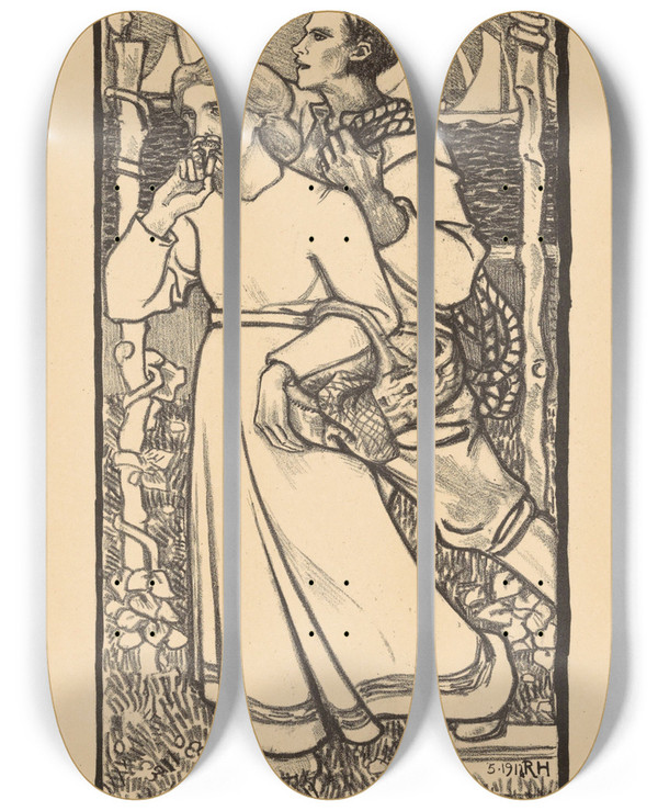 Triptych art skateboard deck of Richard Nicolas Roland Holst Meisje Met Een Mand En Jongen Met Een Touw_1 by Richard Nicolaus Roland Holst (1868-1938)