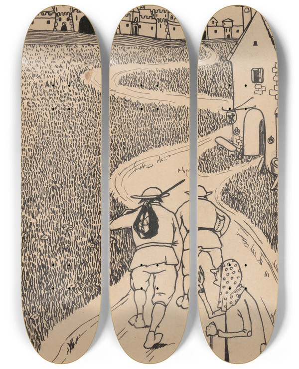Triptych art skateboard deck of Karel Collens Book Illustration_4 by Karel Collens (1869-1901)