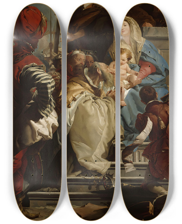 Triptych art skateboard deck of Wladimir Swertschkoff Oriental Sages Bowing To Christ by Wladimir Swertschkoff (1821-1888)