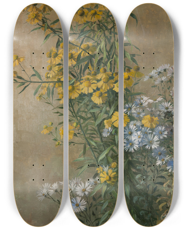 Triptych art skateboard deck of Gunnar Gunnarsson Wennerberg Autumn Flowers Sunflowers And Autumn Asters by Gunnar Gunnarsson Wennerberg (1863-1914)