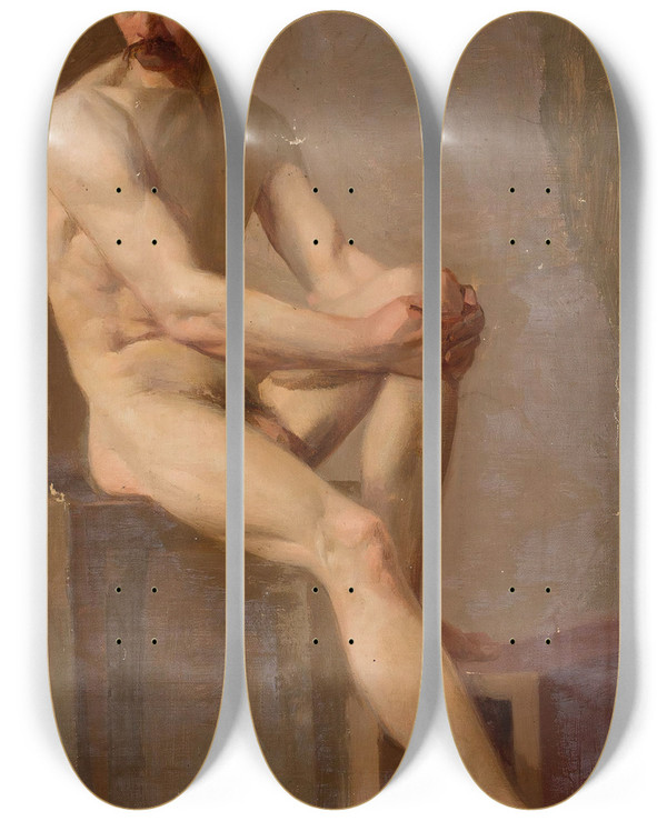 Triptych art skateboard deck of Kazimierz Alchimowicz Nude Of A Seated Man by Kazimierz Alchimowicz (1840-1916)