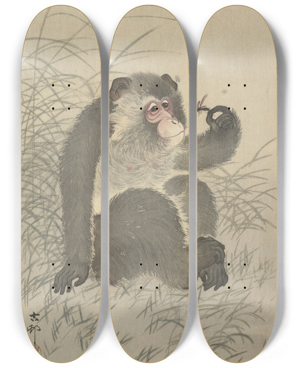 Triptych art skateboard deck of Ohara Koson Monkey With Insect by Ohara Koson (1877-1945)