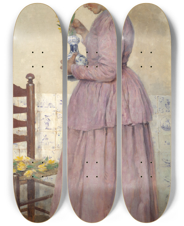 Triptych art skateboard deck of Gari Melchers Arranging The Tulips by Gari Melchers (1860-1932)