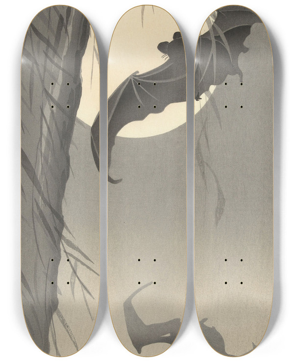 Triptych art skateboard deck of Ohara Koson Two Bats At Full Moon by Ohara Koson (1877-1945)