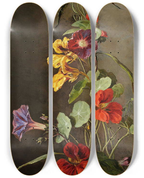 Triptych art skateboard deck of Maria Klasskazanowska Flowers Nasturtiums by Maria Klass-Kazanowska (1857-1898)