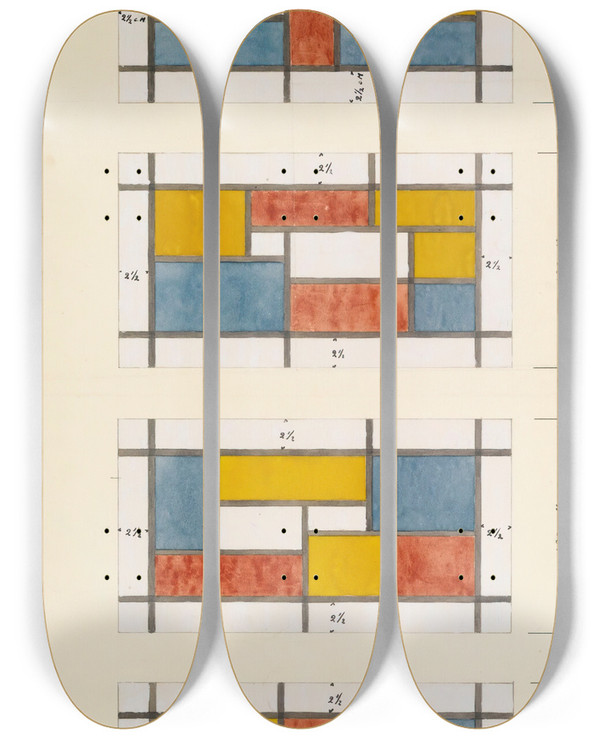 Triptych art skateboard deck of Theo Van Doesburg Design For A Stained Glass Window by Theo Van Doesburg (1883-1931)