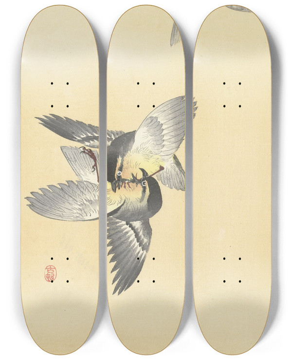 Triptych art skateboard deck of Ohara Koson Two Fighting Birds by Ohara Koson (1877-1945)