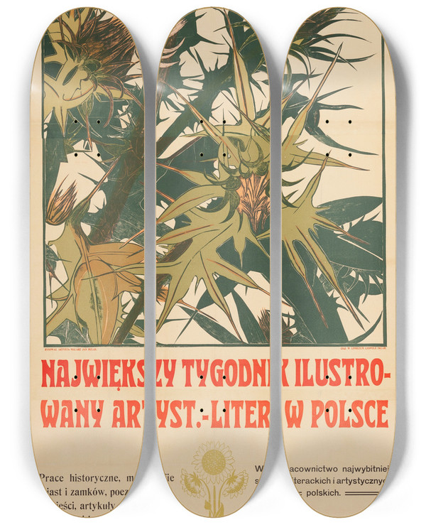 Triptych art skateboard deck of Leopoldsklar Nasz Kraj Najwikszy Tygodnik Ilustrowany by Leopold Sklar (18-19-)