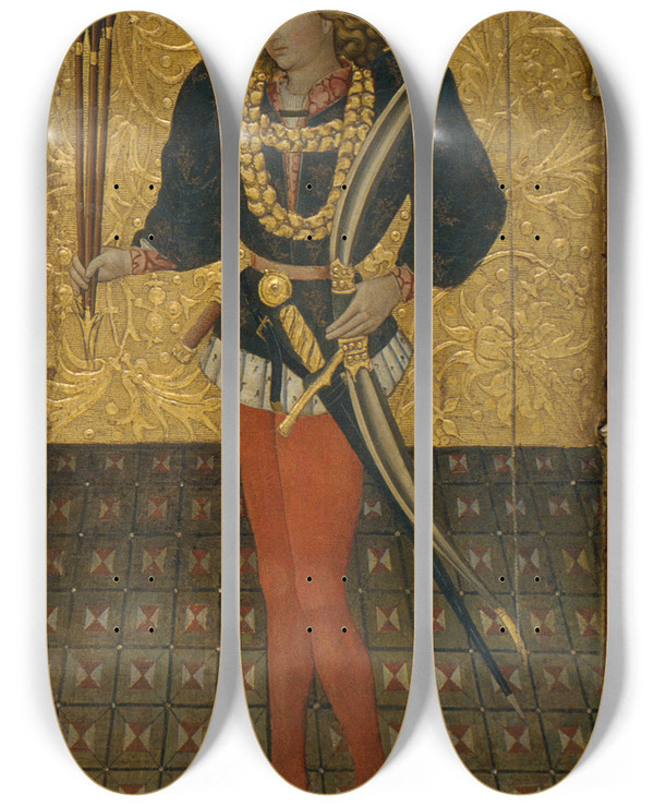 Triptych art skateboard deck of Jaume Ferrer Saint Sebastian by Jaume Ferrer (1430-1461)