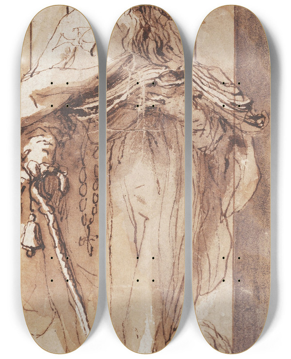 Triptych art skateboard deck of Alonso Cano Saint Anthony The Abbot by Alonso Cano (1601-1667)