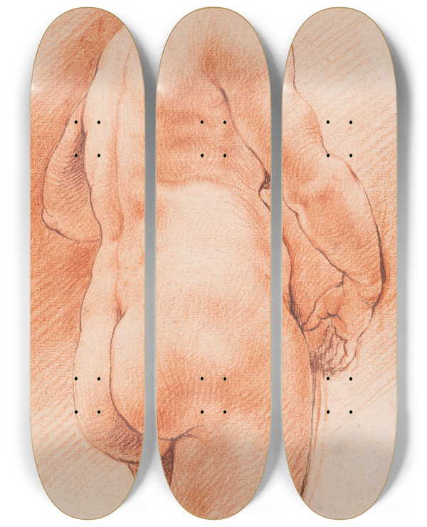 Triptych art skateboard deck of Willem Panneels Woman Seen From Behind Half Turned To The Right by Willem Panneels (1600-1634)