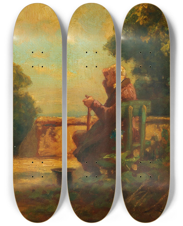 Triptych art skateboard deck of Carl Spitzweg Alter Mann Auf Einer Bank by Carl Spitzweg (1808-1880)