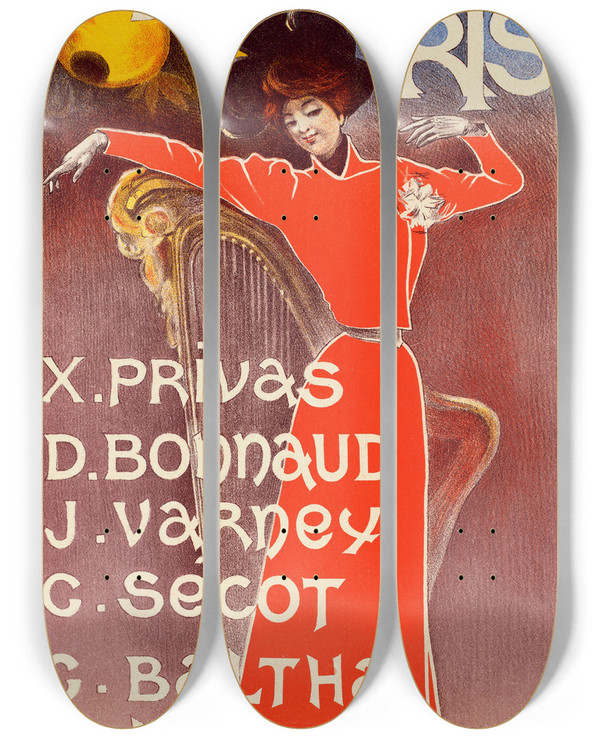 Triptych art skateboard deck of Charles Lucas Cabaret Des Arts by Charles Lucas (1871-1930)