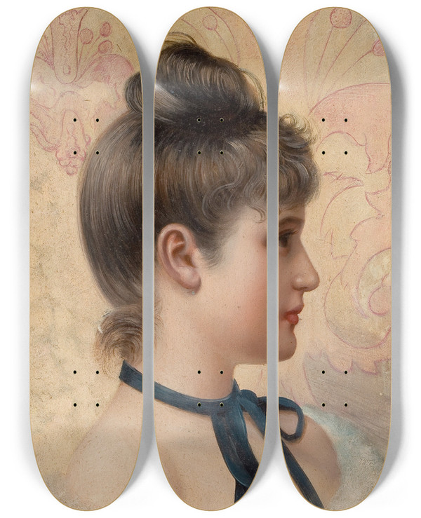 Triptych art skateboard deck of Vittorio Matteo Corcos Profile Portrait Of A Young Beauty by Vittorio Matteo Corcos (1859-1933)