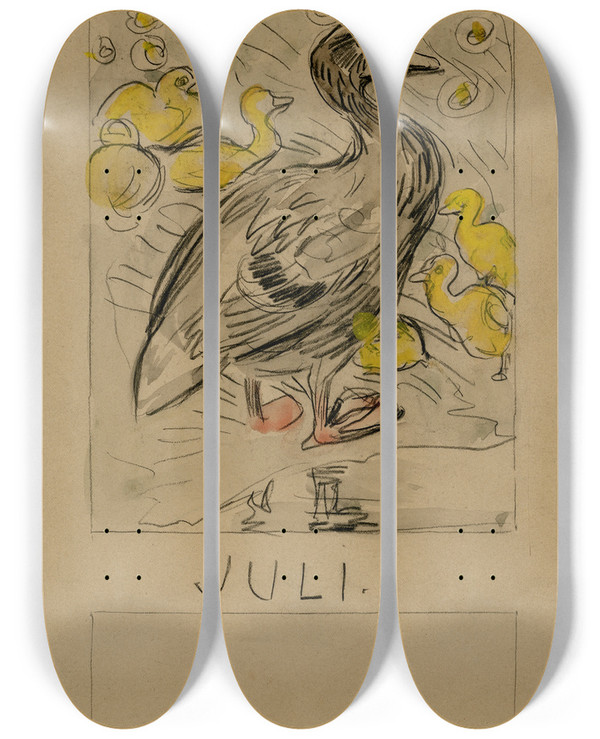 Triptych art skateboard deck of Theo Van Hoytema Eend Met Kuikens Juli by Theo Van Hoytema (1863-1917)