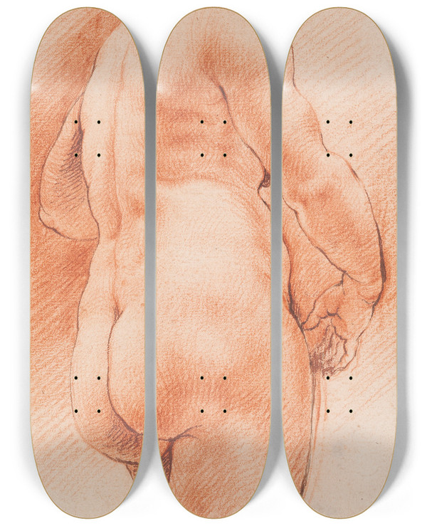 Triptych art skateboard deck of Willem Panneels Kvinde Set Fra Ryggen Halvt Vendt Mod Hjre by Willem Panneels (1600-1634)