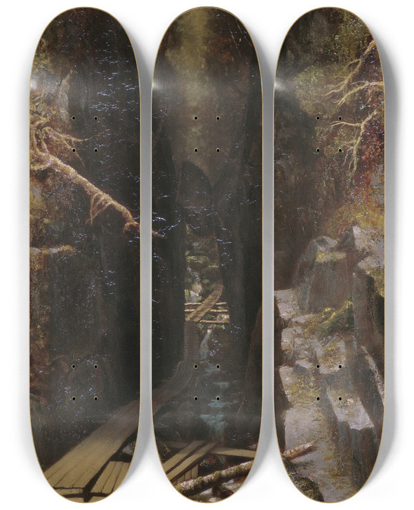 Triptych art skateboard deck of Ralph Albert Blakelock The Boulder And The Flume by Ralph Albert Blakelock (1847-1919)