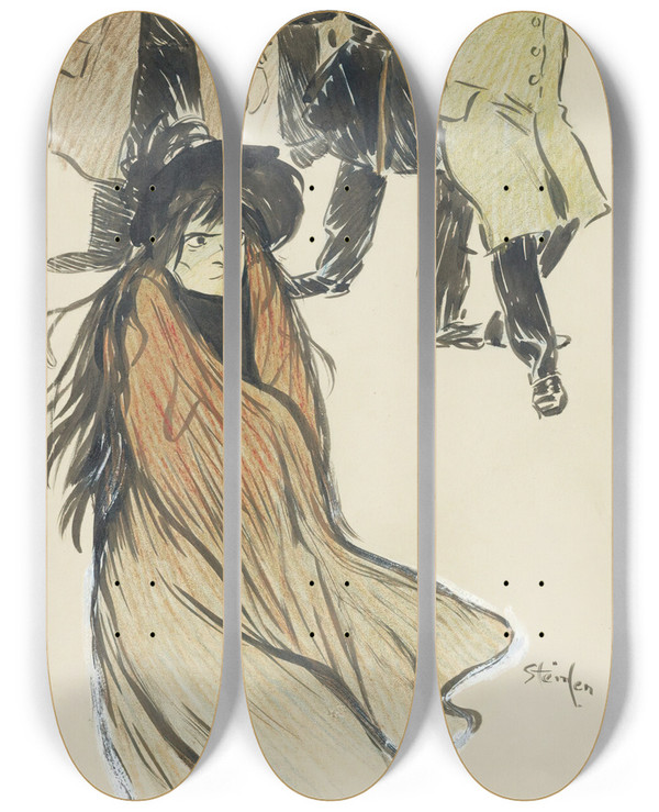 Triptych art skateboard deck of Thophile Alexandre Steinlen Street Scene by Theophile Alexandre Steinlen (1859-1923)