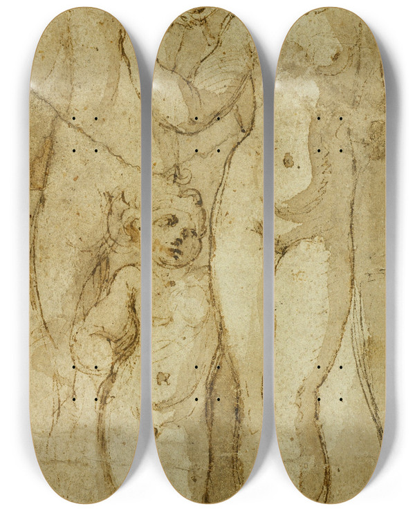 Triptych art skateboard deck of Circle Of Parmigianino Venus And Cupid by Circle Of Parmigianino (1503-1540)
