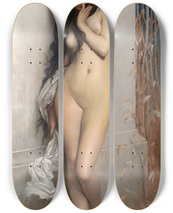 Triptych art skateboard deck of Jules Joseph Lefebvre The Grasshopper by Jules Joseph Lefebvre (1836-1911)