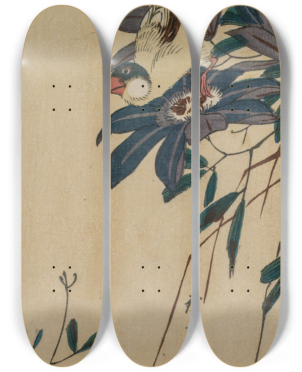 Triptych art skateboard deck of And Hiroshige Grosbeak And Clematis by Ando Hiroshige (1797-1858)