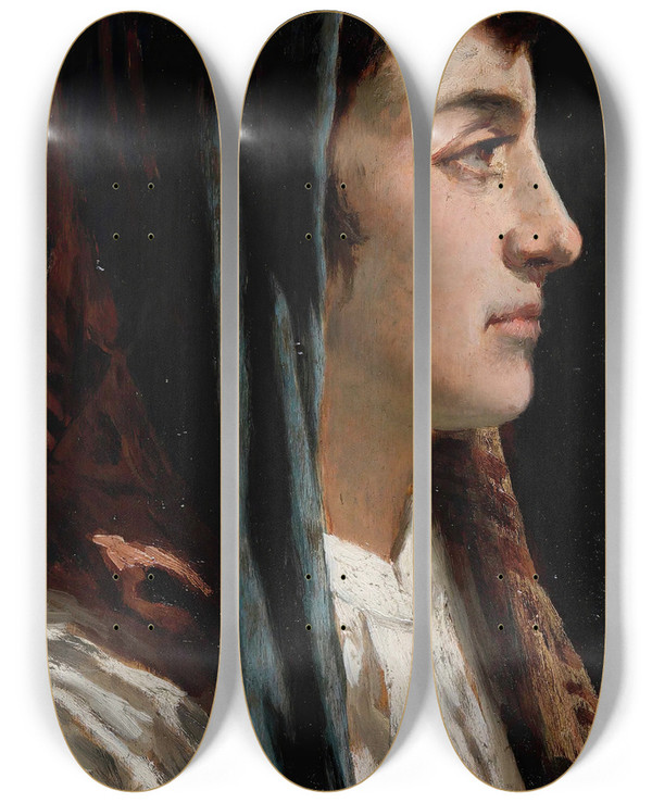 Triptych art skateboard deck of Antonio Varni Ritratto Femminile by Antonio Varni (1841-1908)