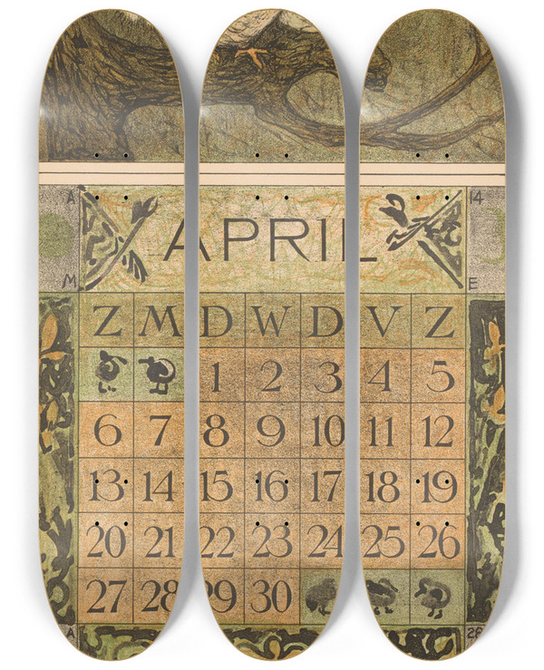 Triptych art skateboard deck of Theo Van Hoytema Kalenderblad April Met Twee Duiven by Theo Van Hoytema (1863-1917)