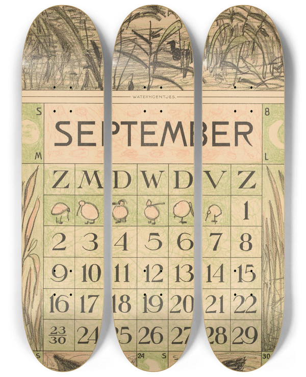 Triptych art skateboard deck of Theo Van Hoytema Kalenderblad September Met Watervogels Tussen Het Riet by Theo Van Hoytema (1863-1917)