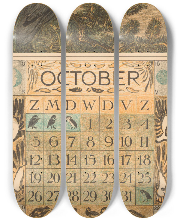 Triptych art skateboard deck of Theo Van Hoytema Kalenderblad Oktober Met Kraai by Theo Van Hoytema (1863-1917)