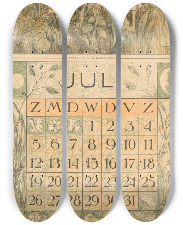 Triptych art skateboard deck of Theo Van Hoytema Kalenderblad Juli Met Tureluur_2 by Theo Van Hoytema (1863-1917)