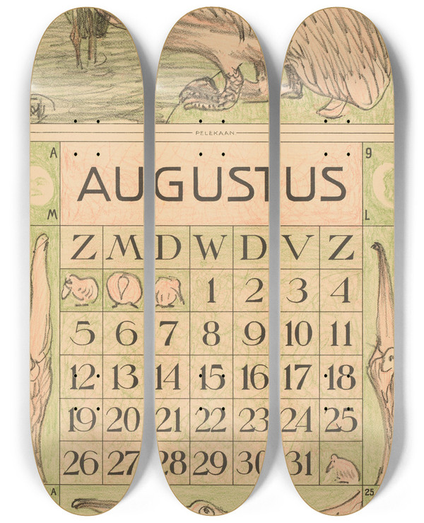 Triptych art skateboard deck of Theo Van Hoytema Kalenderblad Augustus Met Pelikanen by Theo Van Hoytema (1863-1917)