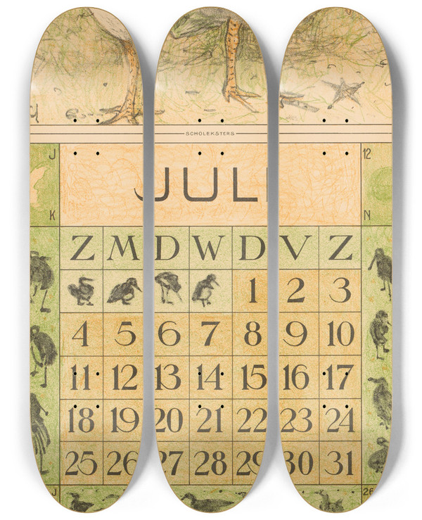 Triptych art skateboard deck of Theo Van Hoytema Kalenderblad Juli Met Scholeksters by Theo Van Hoytema (1863-1917)