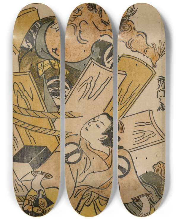 Triptych art skateboard deck of Torii Kiyomasu Ichikawa Monnosuke As A Courtesan And Nakajima Mioemon Bursting Out Of A Barrel by Torii Kiyomasu (1694-1716)