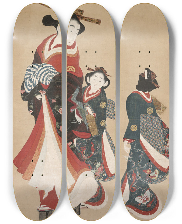 Triptych art skateboard deck of Engetsud Courtesan And Attendants by Engetsudo (18-)