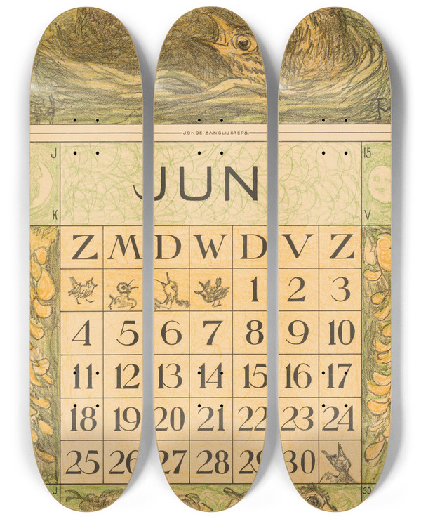 Triptych art skateboard deck of Theo Van Hoytema Kalenderblad Juni Met Jonge Vogels In Een Nest by Theo Van Hoytema (1863-1917)