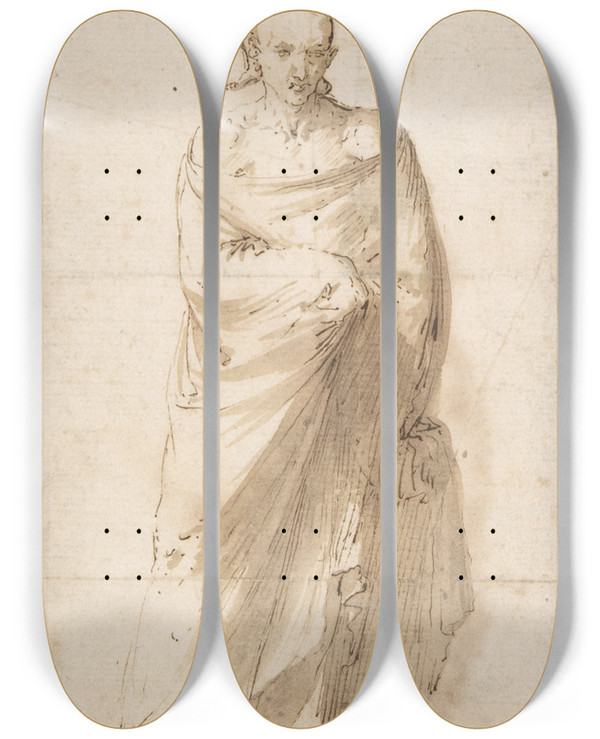 Triptych art skateboard deck of Jusepe De Ribera Man Wearing A Large Cloak And A Small Naked Man On His Head by Jusepe de Ribera (1591-1652)