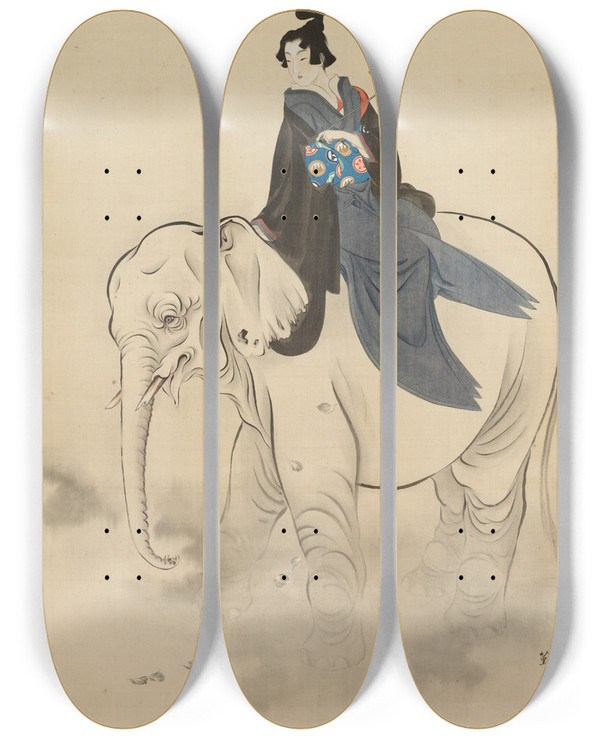 Triptych art skateboard deck of Kitao Masayoshi Courtesan Riding An Elephant Parody Of The Bodhisattva Fugen by Kitao Masayoshi (1761-1824)