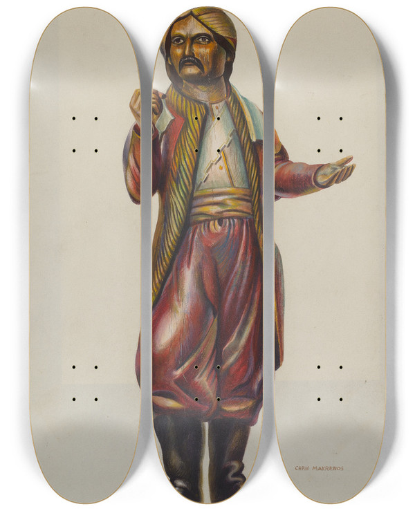 Triptych art skateboard deck of Chris Makrenos Cigar Store Figure by Chris Makrenos (20-)