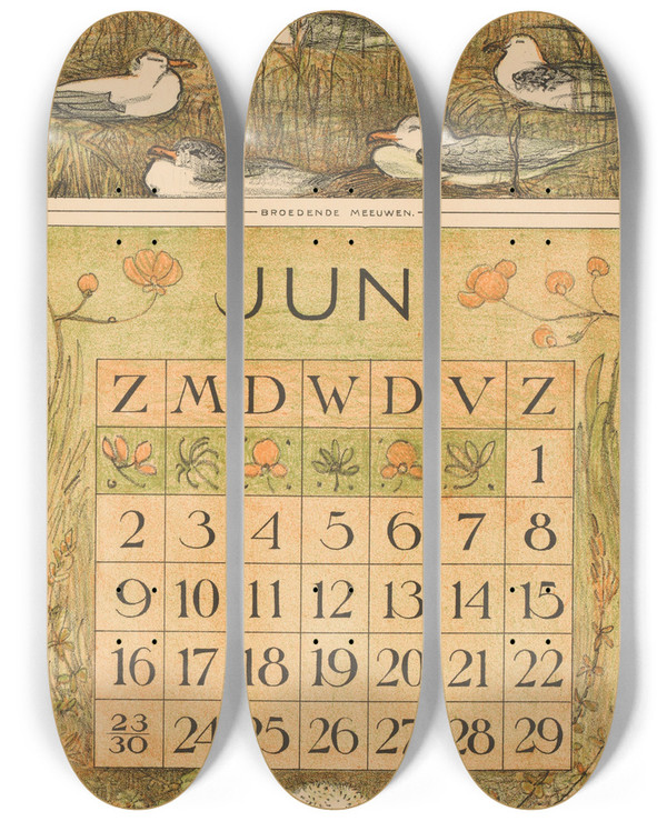 Triptych art skateboard deck of Theo Van Hoytema Kalenderblad Juni Met Broedende Meeuwen by Theo Van Hoytema (1863-1917)