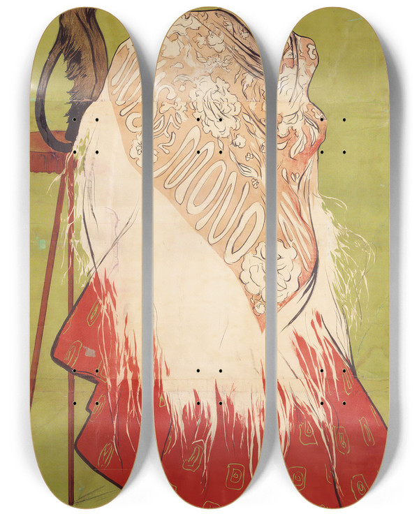 Triptych art skateboard deck of Ramn Casas Ans Del Mono Con Una Falda De Percal Planch In A Pressed Percale Skirt by Ramon Casas (1866-1932)
