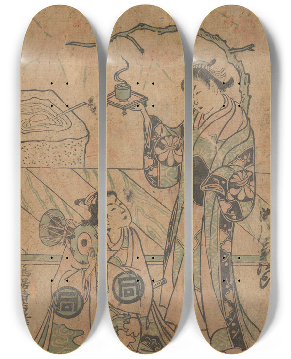 Triptych art skateboard deck of Torii Kiyonobu I One Of Three Theater Scenes by Torii Kiyonobu I (1664-1729)