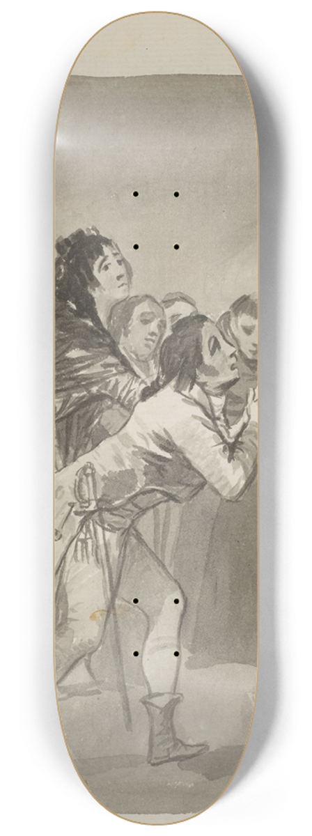Francisco de Goya - Humility versus Pride a young man imploring an older man with other figures in front of them 8.25 inch art skate deck