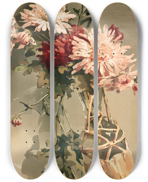 Triptych art skateboard deck of Annie Nowell Chrysanthemums No 4 by Annie Nowell (1842-1935)