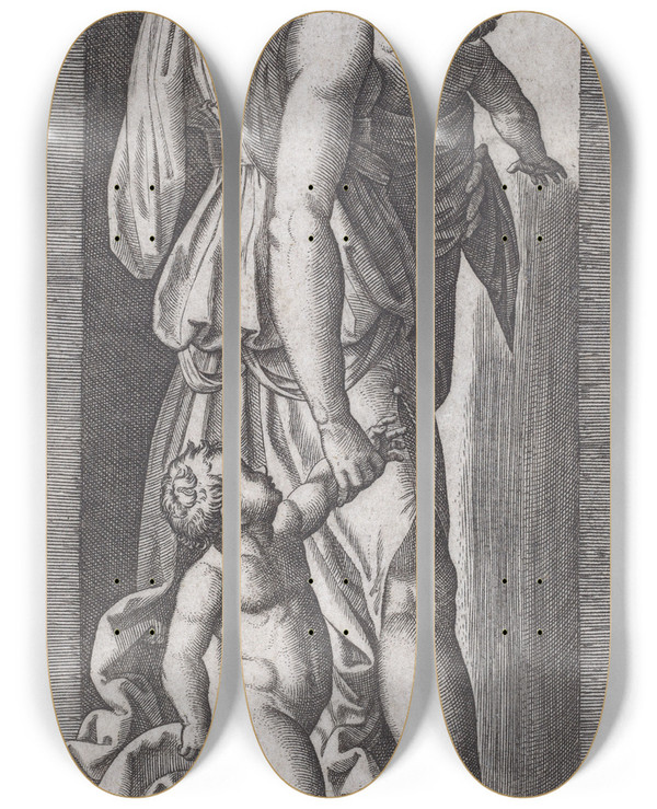Triptych art skateboard deck of Marcantonio Raimondi Charity by Marcantonio Raimondi (1470-1527)